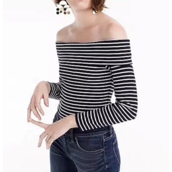 J Crew Navy White Off Shoulder Top Womens XL Stretch Long Sleeve Striped Shirt - Picture 1 of 7